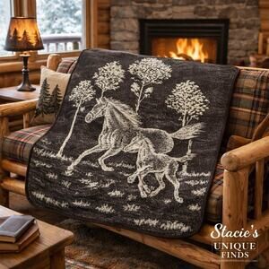 Vintage Horse Throw Blanket Cabin Lodge Western Decor 50x60 Brown